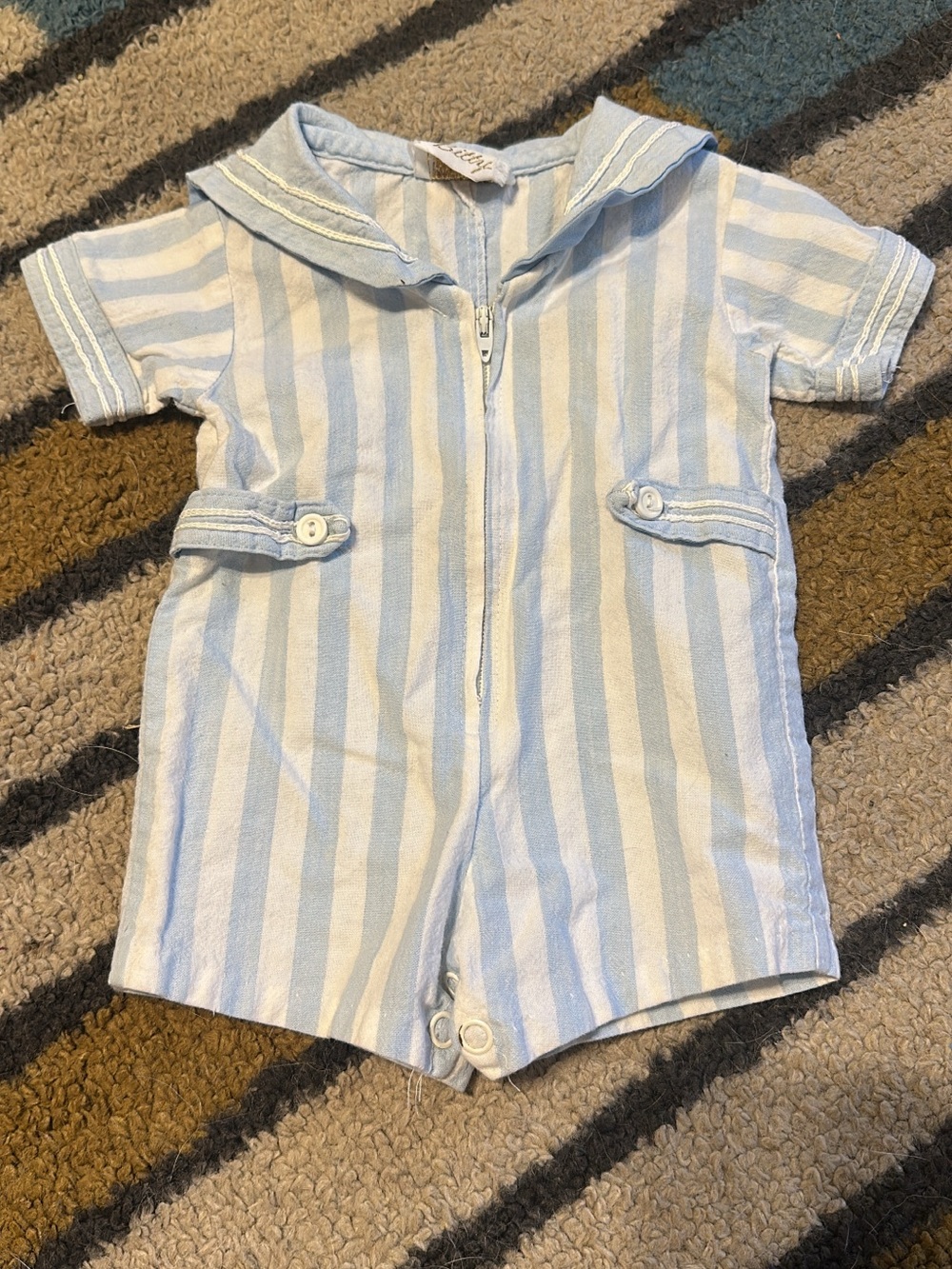 Striped Baby Romper with Sailor Collar - Light Blue & White